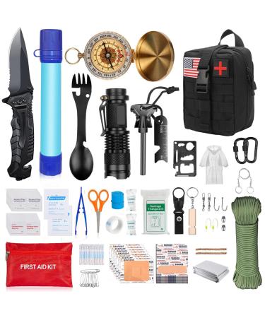 Survival Kit and First Aid Kit,Unique Gifts for Men Teenage boy Husband dad Kid,Survival Gear and Equipment for Camping Fishing Hunting Black Aid kits with raincoat