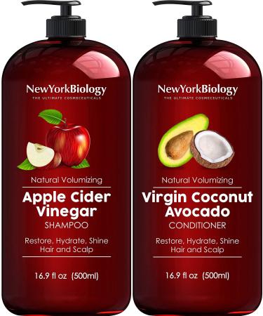 New York Biology Apple Cider Vinegar Shampoo and Coconut Avocado Oil Conditioner Set - Helps Restore Shine, Hair Gloss and Hydration for Dry Hair and Itchy Scalp  Clarifying and Nourishing  16.9 fl Oz Apple Cider Vingar