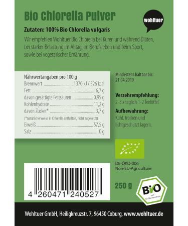 Wohltuer Organic Chlorella Powder 250g - Pure Raw Food Quality 100% Additive-Free Lab Tested (DE- KO-006) - International Shipping Available - Buy Online on GoSupps.com