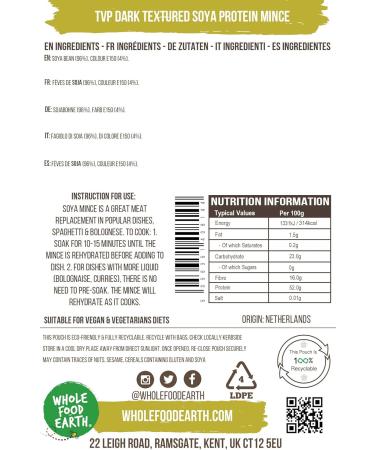 Wholefood Earth TVP Dark Textured Soya Protein Mince 250 g | GMO Free | High Fibre | High Protein Soy 250g - Buy Online on GoSupps.com