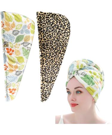 Udebe atfer microfiber hair towel for women shower hoods for drying wet hair easy to rotate hair towels super absorbent bath cap after the spa 2 pieces of leopard+leaves