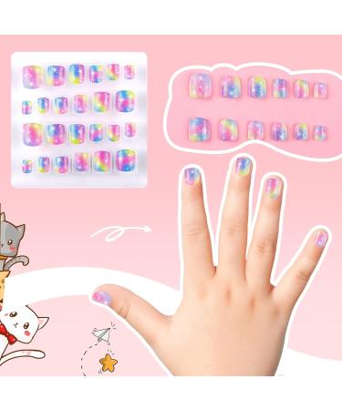 Kids Press On Nails | Colorful Glitter Fake Nails for Girls | Short Full Cover Adhesive Nail Tips | Pack of 24 | International Shipping - Buy Online on GoSupps.com