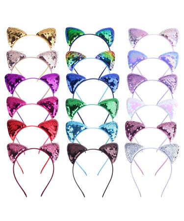 REQO 18 Pieces Cat Ears Headbands Set Cute Glitter Cat Head Accessories Flashing Girls Sequins Headdress Party Supplies For Night Clubs Raves Concert Party Christmas Halloween Adults Kids child