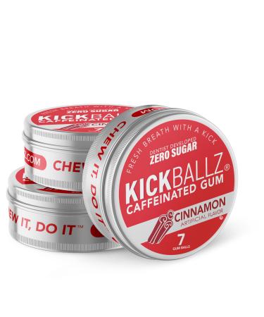 KickBallz Cinnamon Caffeinated Energy Gum | 110mg Quick-Release Caffeine per Piece | Sugar-Free, Low-Calorie, Gluten-Free, Keto | Spicy Pre-Workout Coffee Replacement | 3 Tins, 21 Chews Total Cinnamon 21 Count (Pack of 1)
