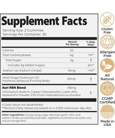 Auri Nutrition Super Mushroom HSN Gummies - Hair Skin and Nails Gummies Functional Mushrooms Supplement - with Wild Chaga Chlorophyll Lutein and Astaxanthin - 60 Orange Citrus Gummies - Buy Online on GoSupps.com