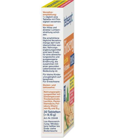 Tetesept Ginseng Plus Lecithin & B Vitamins - High-Dosed Dietary Supplements for Nerve Support & Vitalization - 30 Mini Tablets - International Shipping Available - Buy Online on GoSupps.com