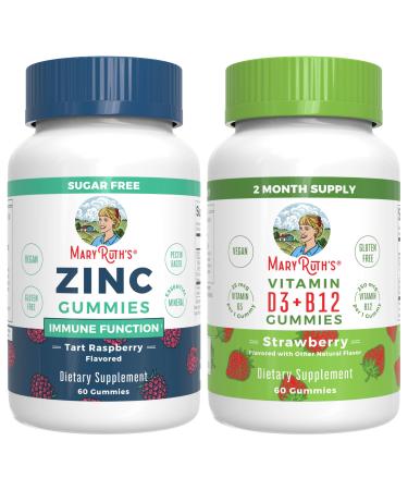 MaryRuth Organics Zinc Gummies (Tart Raspberry) & Vitamin D3+B12 Gummies (Strawberry) | Clean Label Project Verified | Vitamins for Immunity & Joint and Bone Health | Vegan Non-GMO No Gelatin