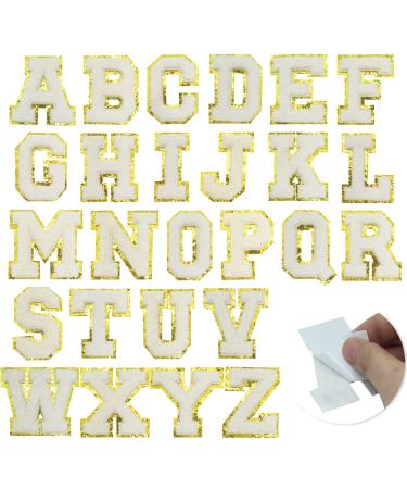 TrendyChic 26 Pieces Self Adhesive Chenille Letter Patches,Iron On Letters A-Z Stoney Clover Patches,Varsity Embroidered Gold Glitter Border Alphabet Patches for Clothing DIY Craft (White, 2.56 Inch)