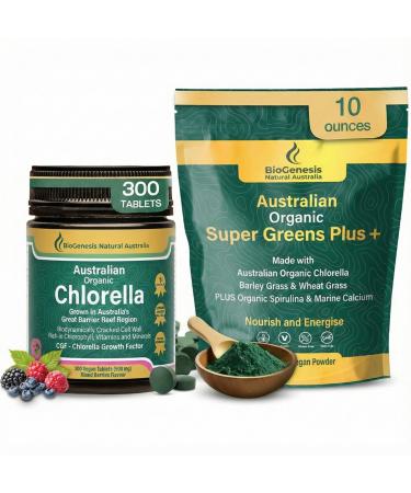 Biogenesis Ultimate Greens Stack Chlorella Tablets (Berry) & SuperGreens Powder Australian Grown Organic Spirulina Wheatgrass Barley Grass Immune & Energy