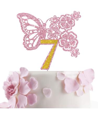 Tenhaisi Pink & Gold 3D Butterfly Flower Sign 7 Cake Topper - Happy 7th Birthday/Anniversary Party Decoration 3D Cake Topper- Girls 7th Birthday Party Supplies