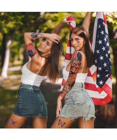 RainFlower 4th of July Temporary Tattoo - USA Flag Independence Day Full Arm Sleeve for Adults & Kids - Blue, Red, White Fake Tattoos - Buy Online on GoSupps.com