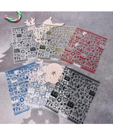 6 Sheet Smiley Face Nail Art Stickers | Black Red Flame Heart 3D Self-Adhesive Decals for Acrylic Nails | Stars, Symbols, Line Designs | Nail Decoration for Women, Men, Girls - Buy Online on GoSupps.com