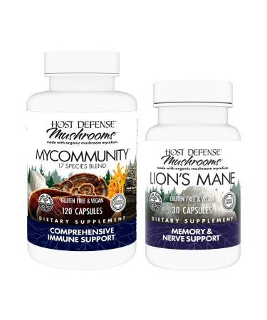 Host Defense MyCommunity Capsules 120 Count & Lion's Mane Capsules 30 Count - Support Immune Health with 17 Species Mushroom Blend - Support Brain Health Memory & Focus*