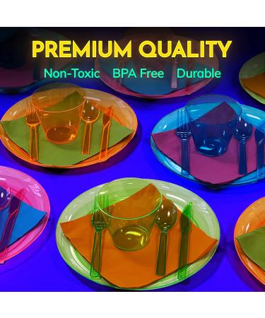 Glow Neon Party Supplies - Serves 32  Hard Plastic Disposable Neon Party Plates  Napkins  Cups Tumblers  Cutlery Forks Knives Spoons  Glow in the Dark Neon Party Fiesta Plates Encanto Birthday Party Complete Party Pack (pl - Buy Online on GoSupps.com