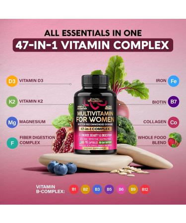 Multivitamin for Women - B-Complex | Whole Foods | Hair Growth Support | Digestion & Metabolism | Iron - 47in1 Womens Multivitamin - Bioavailable & Gentle on Stomach - Made in USA - 90 Capsules - Buy Online on GoSupps.com