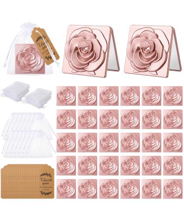 Soaoo 30 Set Compact Mirror Wedding Party Favors for Guest Travel Portable Small Purse Mirror 1X/3X Magnification with Organza Bag Thank You Tags for Bachelorette Bridal Party Gift Souvenir Rose Gold