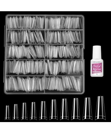 Tips for gel nails with glue Venares 500 coffin fake nail tips Tips clear 10 sizes nail tips for gel nails transparent half nail tips set with glue and box stripped - Buy Online on GoSupps.com