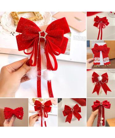 Women Hair Barrette Double-layeded Bow Faux Pearl Bell Star Decor Red Festive New Year Christmas Style Anti-slip Hair Decoration G - Buy Online on GoSupps.com