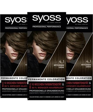 Syoss Color Coloration 4_1 Medium -brown level 3 (3 x 115 ml) permanent hair color for up to 10 weeks of color intensity and 70 % less hair break* 4_1 medium brown (3 pack)