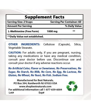 Best Naturals L-Methionine 500mg - 120 Veggie Capsules | Premium Quality - Buy Online on GoSupps.com