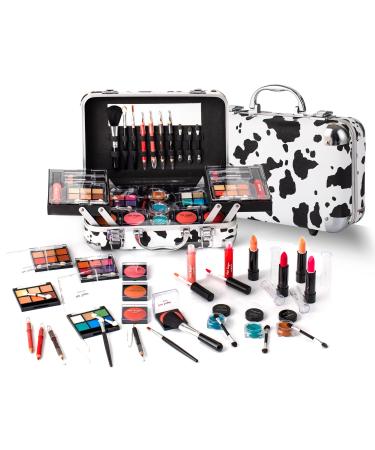 Hot Sugar All In One Makeup Set for Teenager Girls 10-12 Full Makeup Kit for Beginners Includes Eye Shadow Palette Blush Lip Gloss Lipstick Lip Pencil Eye Pencil Brush Mirror (White Cow Pattern)