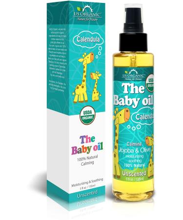 US Organic Baby Oil with Calendula, Jojoba and Olive Oil with Vitamin E, USDA Certified Organic, No Alcohol, Paraben, Artificial Detergents, Color, Synthetic Perfumes, 5 fl. Oz (Pure Unscented)