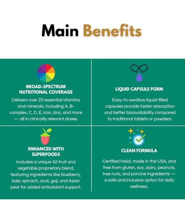 ALNIMA Halal Liquid Multivitamin Complete Energy & Immune Support with 29 Essential Nutrients | 60 Liquid Capsules Halal Certified Non-GMO Made in USA - Buy Online on GoSupps.com