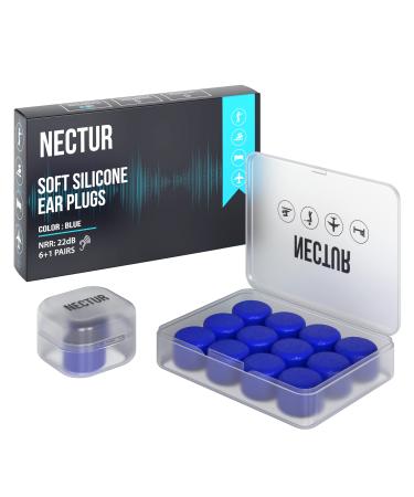 NECTUR 7 Pair Reusable Ear Plugs for Sleeping 22 DB NRR Noise Cancelling Soft Silicone Earbuds Waterproof & Wax Moldable Earplugs for Ease in Work Concerts Swimming & Mowing (0.6 Blue)