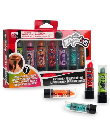 Miraculous Ladybug Cosmetic Lipstick Set - 7 Fruit Scented Color-Changing Lipsticks for Kids - Transforming Lipsticks Turn Pink - Magic Lipsticks Gift Set - Safe & Fun Makeup Kit