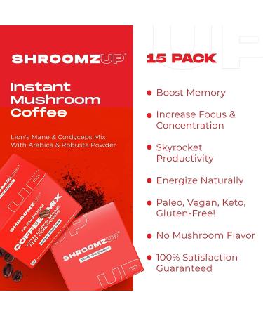 Shroomzup Mushroom Coffee Instant (15 Pack) - Lion's Mane and Cordyceps Superfood Coffee for Keto Vegan Paleo - Brain Focus & Productivity Boost - Buy Online on GoSupps.com