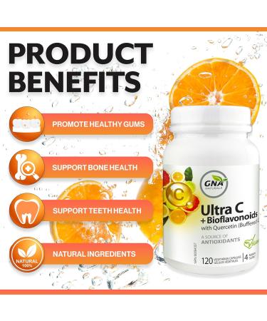 GNA Naturals Ultra Vitamin C 600mg + Bioflavonoids with Quercetin Dihydrate - Vitamin C Ascorbate Acid 120 V-Caps 4 Month Supply - Promotes Healthy Bones Gums & Teeth - Vitamin C Complex Supplement - Buy Online on GoSupps.com