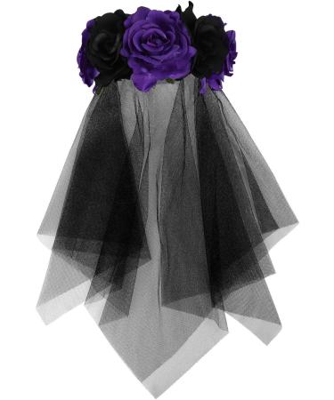 Rose Headband Ladies Girl Gothic Flower Garland with Black Veil Halloween Christmas Fancy Dress Costume Accessory for Wedding Bride Bridesmaid Birthday Party Photography Props Black+Purple - Buy Online on GoSupps.com