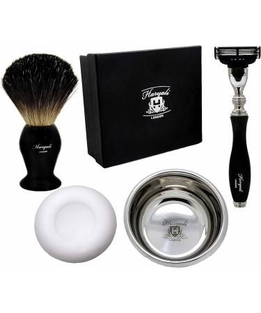 Pure Black Roof Hair Shaving Brush Set - Black Dachs Brush Razor Stainless Steel Bowl & Free Soap | International Shipping Available - Buy Online on GoSupps.com