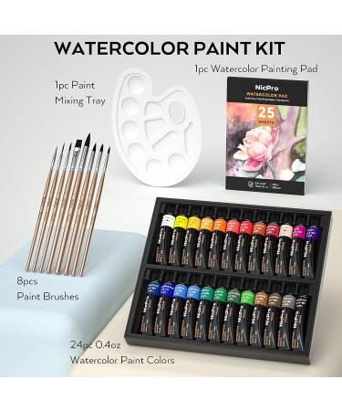 Nicpro Watercolor Paint Kit - 24 Tube Water Color Paints, 8 Brushes, 25 Art Papers, Palette & Color Wheel - Professional Painting Supplies Set for Artists, Students, Kids & Adults - Buy Online on GoSupps.com