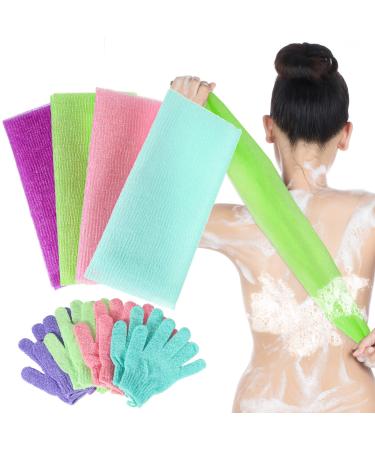 8 Pcs Shower Gloves Body Exfoliating Wash Gloves Scrubber Set 4 Exfoliating Bath Washcloth Towel Body Scrubber Nylon Back Washer 4 Pair Scrub Gloves for Women Men Skin Stretchable Pull Strap Washcloth