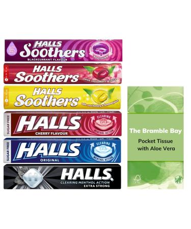 Soothers Cough Sweets Bundle Contains Blackcurrant 45g Cherry 45g Honey and Lemon 45g Sugar Free Cherry 32g Original 32g Extra Strong 32g Total of 6 Pocket Tissue