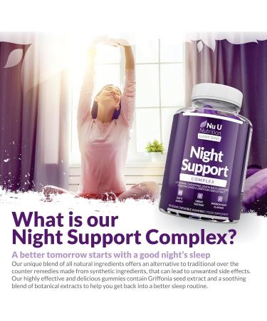 Nu U Nutrition Night Support Sleep Gummies - 90 Vegan Gummies with Griffonia Simplicifolia, L-Theanine, Lavender, Lemon Balm & Chamomile - Passionfruit Flavour - Melatonin Alternative for Adults - Buy Online on GoSupps.com