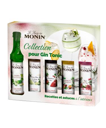 MONIN - Coffret Sirop MONIN Pour Gin Tonic Saveurs Rose/Fleur de Sureau/Fraise/Fruit de la Passion/Concombre - Pour Cocktail Avec ou Sans Alcool - Ar mes Naturels - Bouteille en Verre - 5 x 5 cl