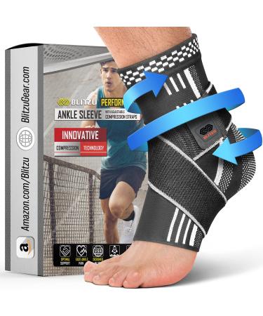 BLITZU Ankle Brace With Adjustable Compression Support Strap for Achilles Tendonitis, Joint Pain Relief. Ankle Wrap for Women & Men for Sprained Ankle & Protectors Sleeve for Heel Pain, Foot Arch M Black Medium