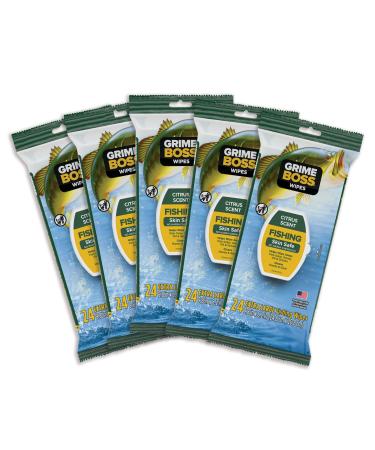 Grime Boss Fishing Wipes (5 x 24ct) | Removes Dirt & Cleans Hands, Rods, Reels, & Tackle Boxes | Wipes Away Fish Odor, Slime & Oil