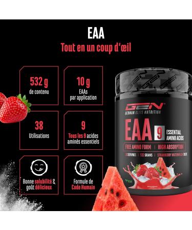  GEN GERMAN ELITE NUTRITION EAA Powder 532g (38 servings) - All 9 essential amino acids including histidine & BCAAs - Human Code formula - Very good solubility - Refreshing amino acid drink (Strawberry Watermelon) - Buy Online on GoSupps.com