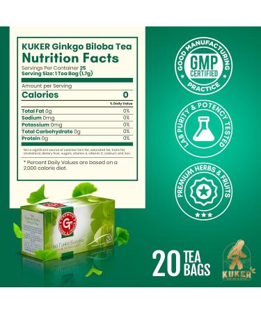 KUKER Ginkgo Biloba Tea Mix - Focus Tea with 100% Ginkgo Leaves Ginkgo Tea with Refreshing Peppermint & Green Tea - Memory Tea for Mental & Physical Health - 20 Ginkgo Biloba Tea Bags 30g Premium Ginkgo Blend - Buy Online on GoSupps.com