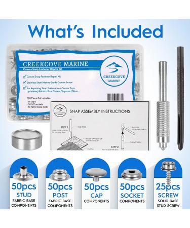 Marine Grade Stainless Steel Snap Button Kit - 228 Piece Set for DIY Canvas, Leather, and Upholstery Repair | Snap Tools and Fabric Base Components Included - Buy Online on GoSupps.com