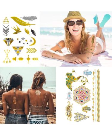 Boho Metallic Temporary Tattoos for Women - 80+ Gold & Silver Shimmer Designs | Waterproof Fake Tattoo Stickers for Henna Body Art (8 Sheets) - Buy Online on GoSupps.com