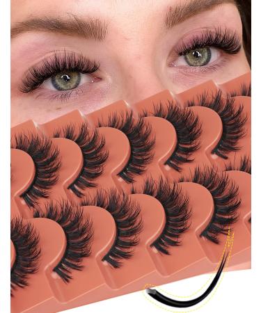 Natural Mink Lashes Wispy Fluffy False Eyelashes 15mm Wet Look Short Strip Eyelashes Pack 7 Pairs Reusable CC Curl Doll Lashes That Look Like Extensions by Goddvenus H-flat
