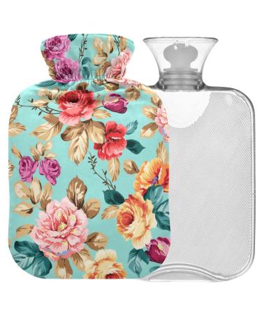 Naanle hot hot water bottle with cover pink orange violet flowers Transparent hot water bottle heat bottle for back pain relief handfoot warmer neck warmth and cold therapy 1l