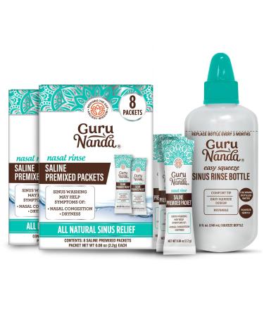 GuruNanda Sinus Rinse Bottle & Saline Premixed Packets 16ct - All Natural Sinus Rinse Packets to Help with Allergies & Congestion Relief 0.08oz Each