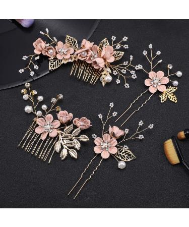 NUOBESTY 4pcs Handmade Floral Wedding Hair Comb Set - Pink Rhinestone Bridal Headpiece & Hair Accessories - Buy Online on GoSupps.com