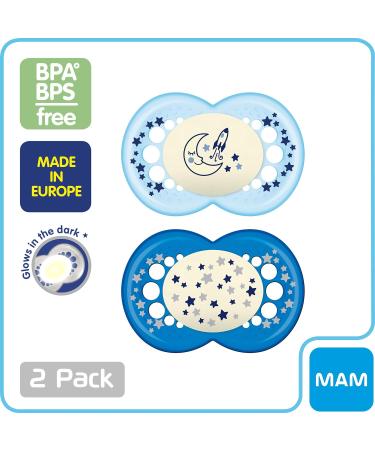 Mam Night Glow in the Dark Silicone Pacifier for Boys 6+ Months - 2-Pack | Mam Baby Products - International Shipping Available - Buy Online on GoSupps.com