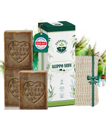 Gr nwell Naturoase Aleppo soap original Set 3x190g with 20% laurel oil 80% olive oil |Olive oil soap natural care for face and body |Hair soap olive oil soap |Aleppo Soap